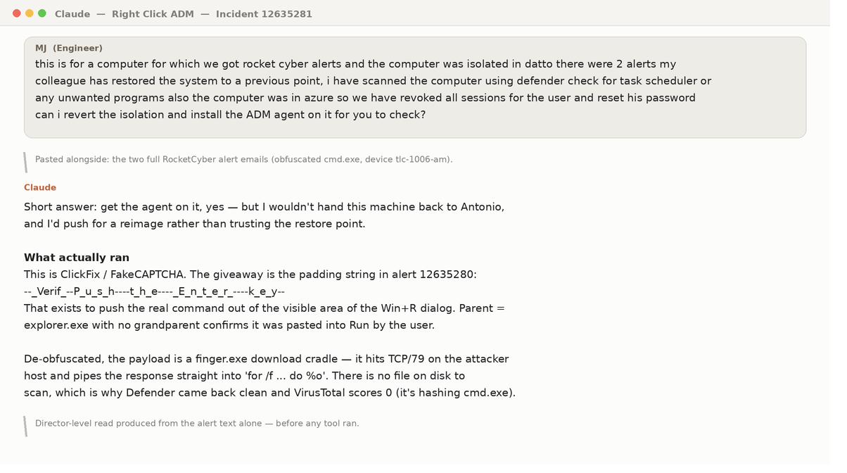 Intake: engineer describes prior response and asks the operational question; technician identifies ClickFix from alert text alone