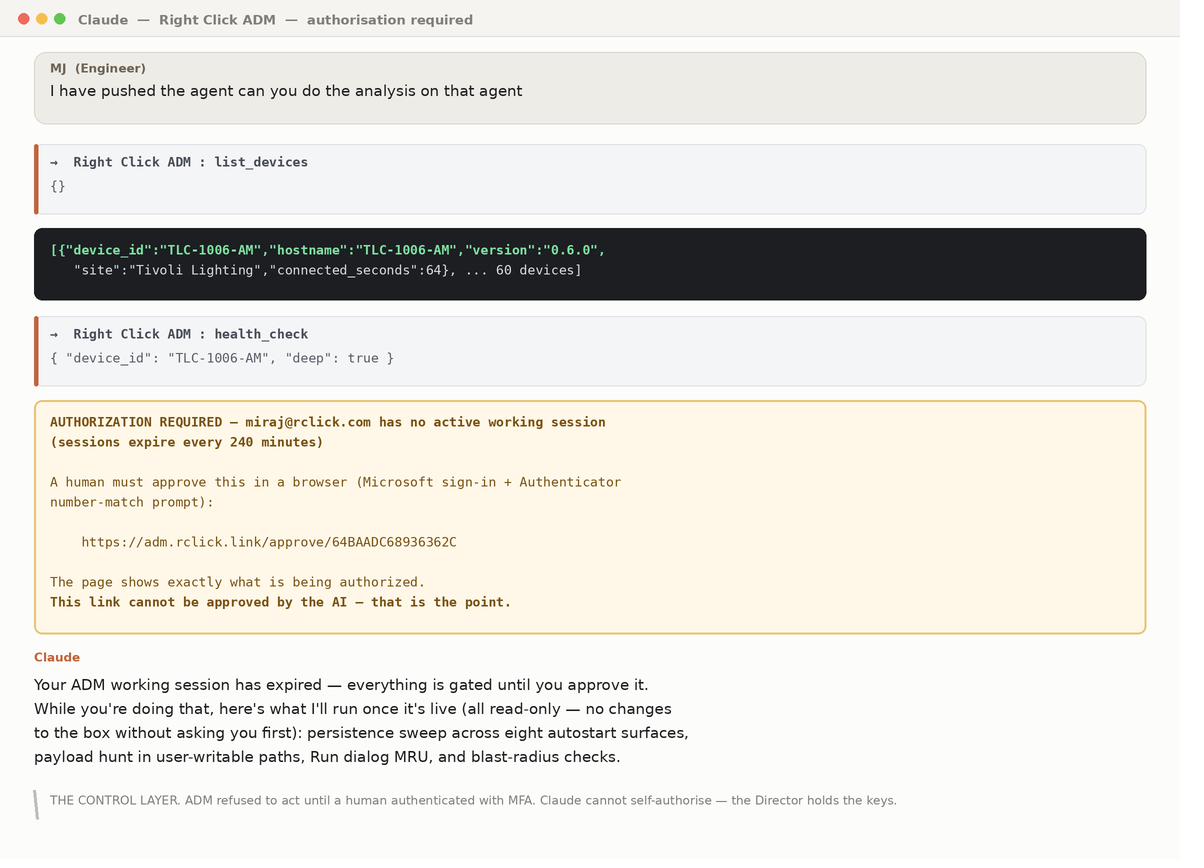 ADM refuses to act without an active working session; MFA approval link that the AI cannot action