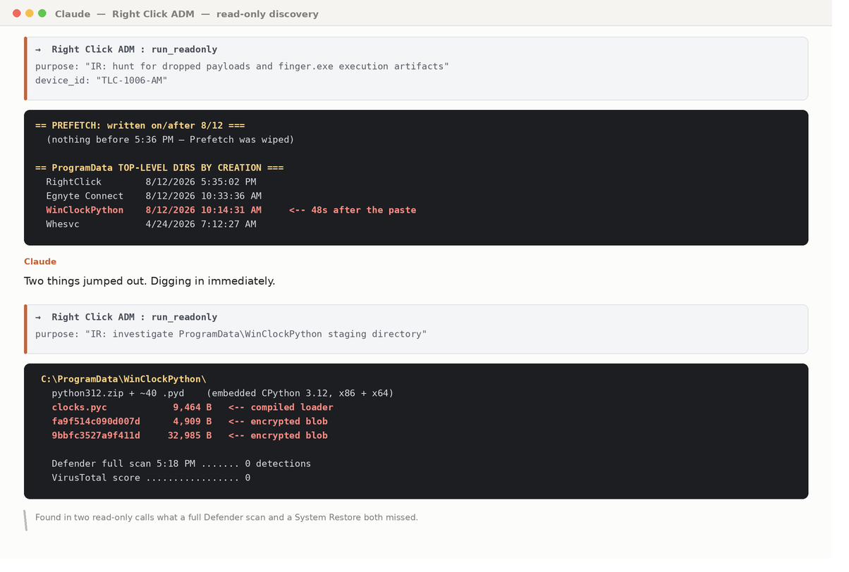 Read-only discovery: WinClockPython staging directory created 48 seconds after the paste; Defender and VirusTotal show zero