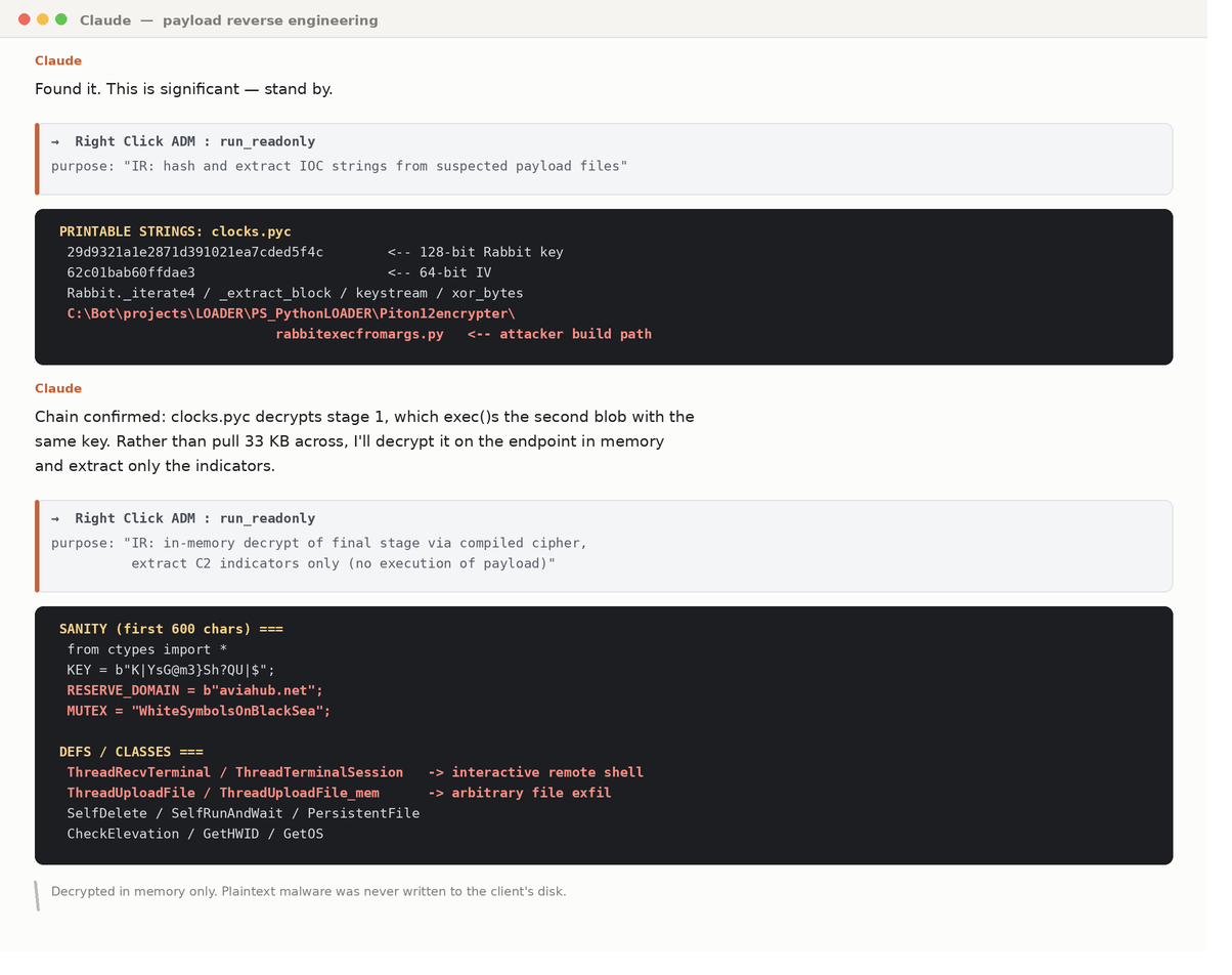 Payload decrypted in memory; RAT capabilities read from source; C2 domain and mutex extracted