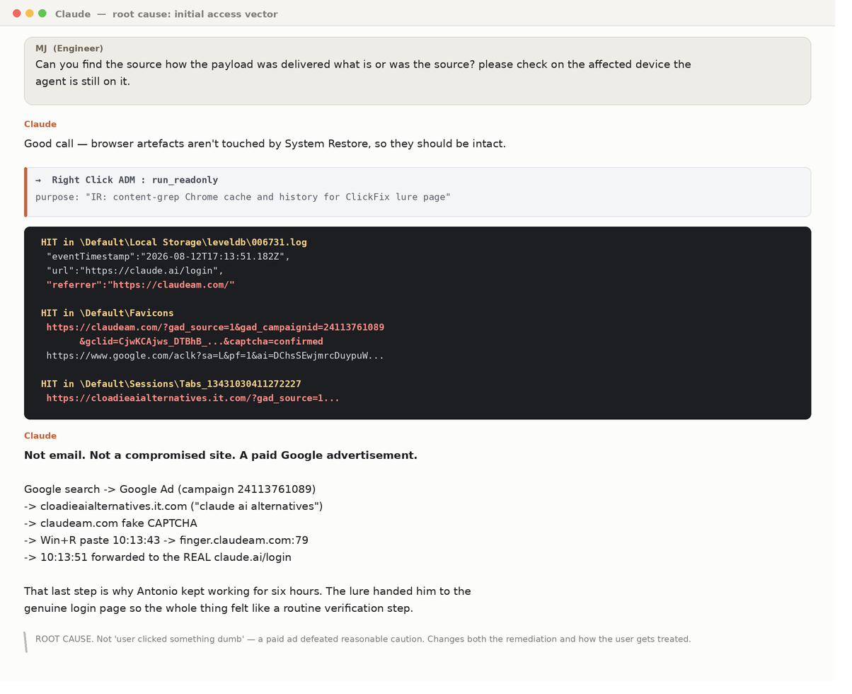 Browser artefacts reconstruct the full chain: Google ad, typosquat, fake CAPTCHA, finger.exe download, forward to real login