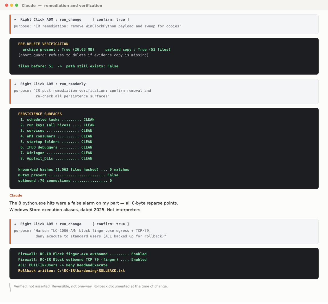 All eight persistence surfaces re-checked clean; 1063 files hashed; hardening applied with written rollback